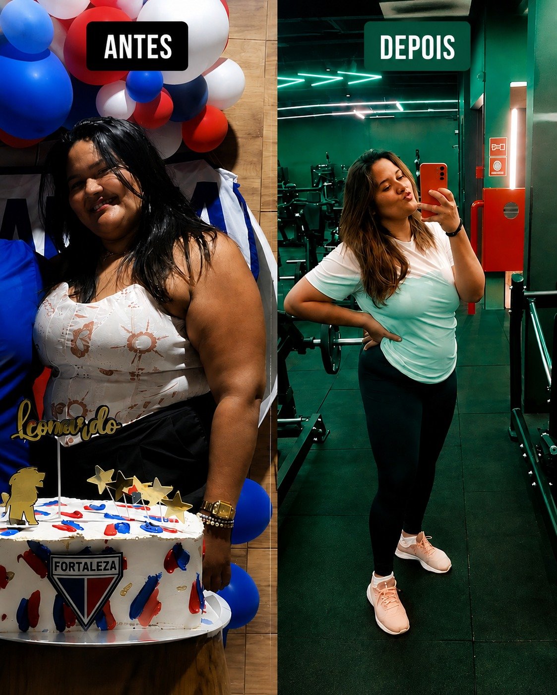 Antes e depois de uma paciente após acompanhamento nutricional e comportamental